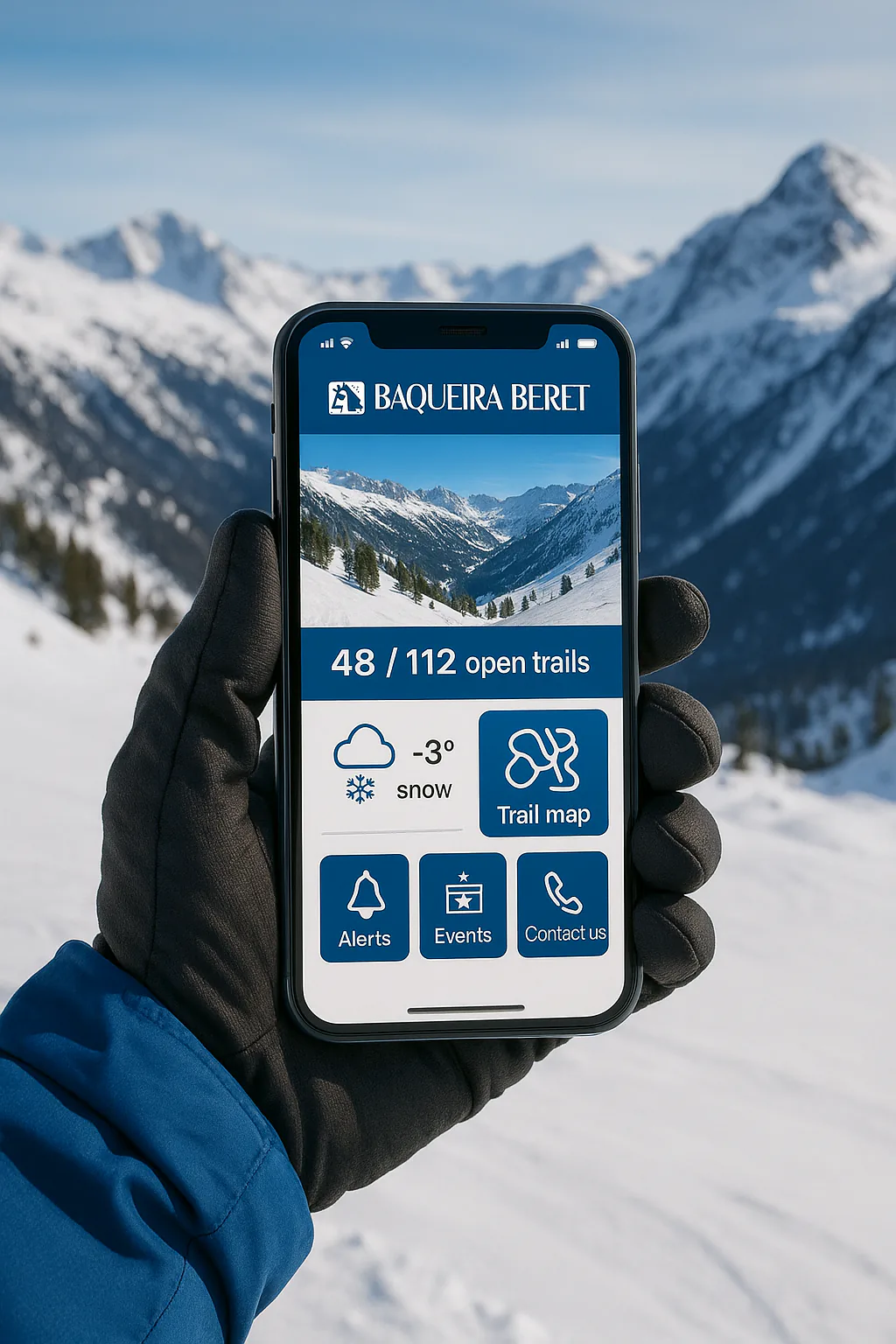 App Snow Forecast affichant les prévisions de neige pour Baqueira Beret.