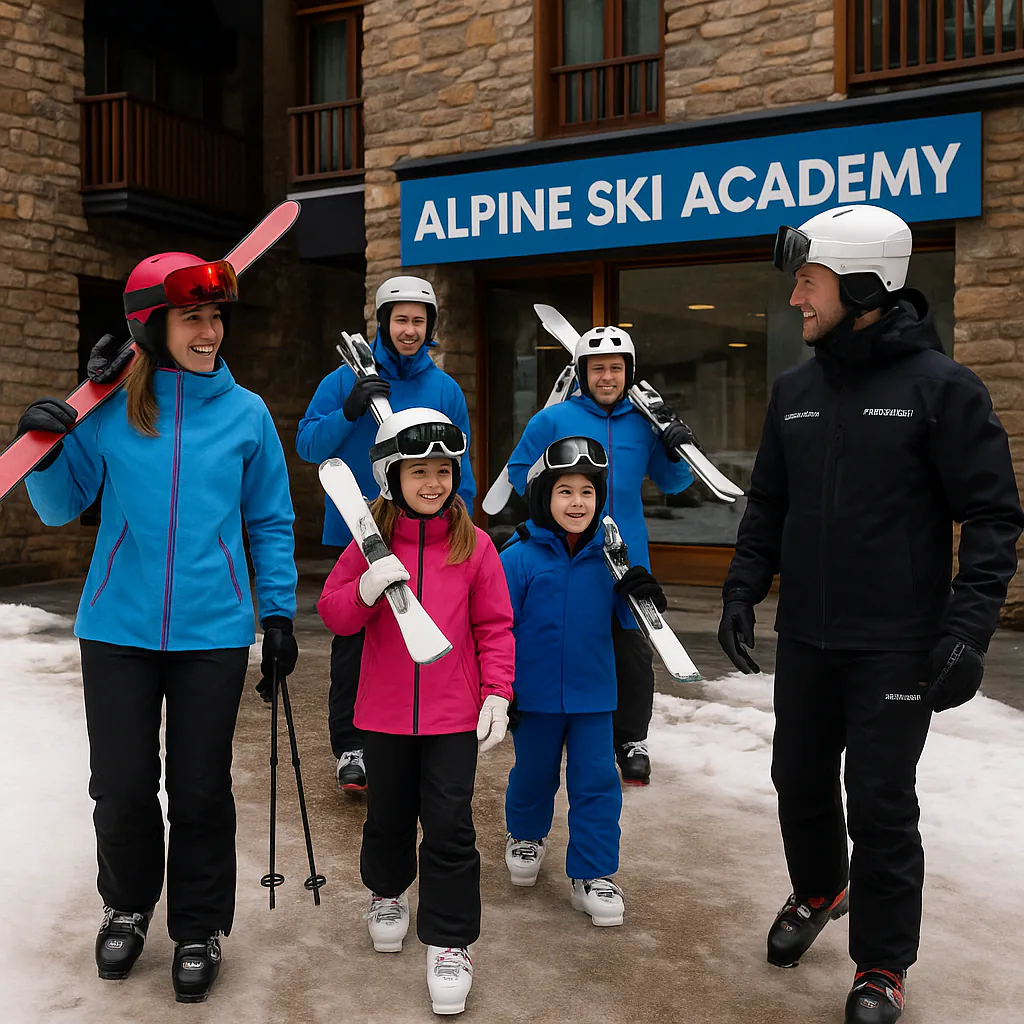 Smiling beginner family ready to ski in Baqueira.