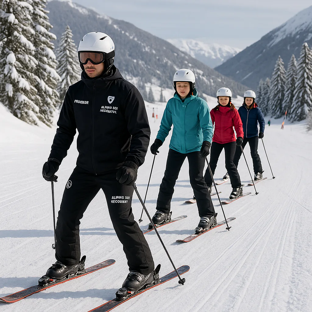 Small group of beginners receiving ski lessons in Baqueira.