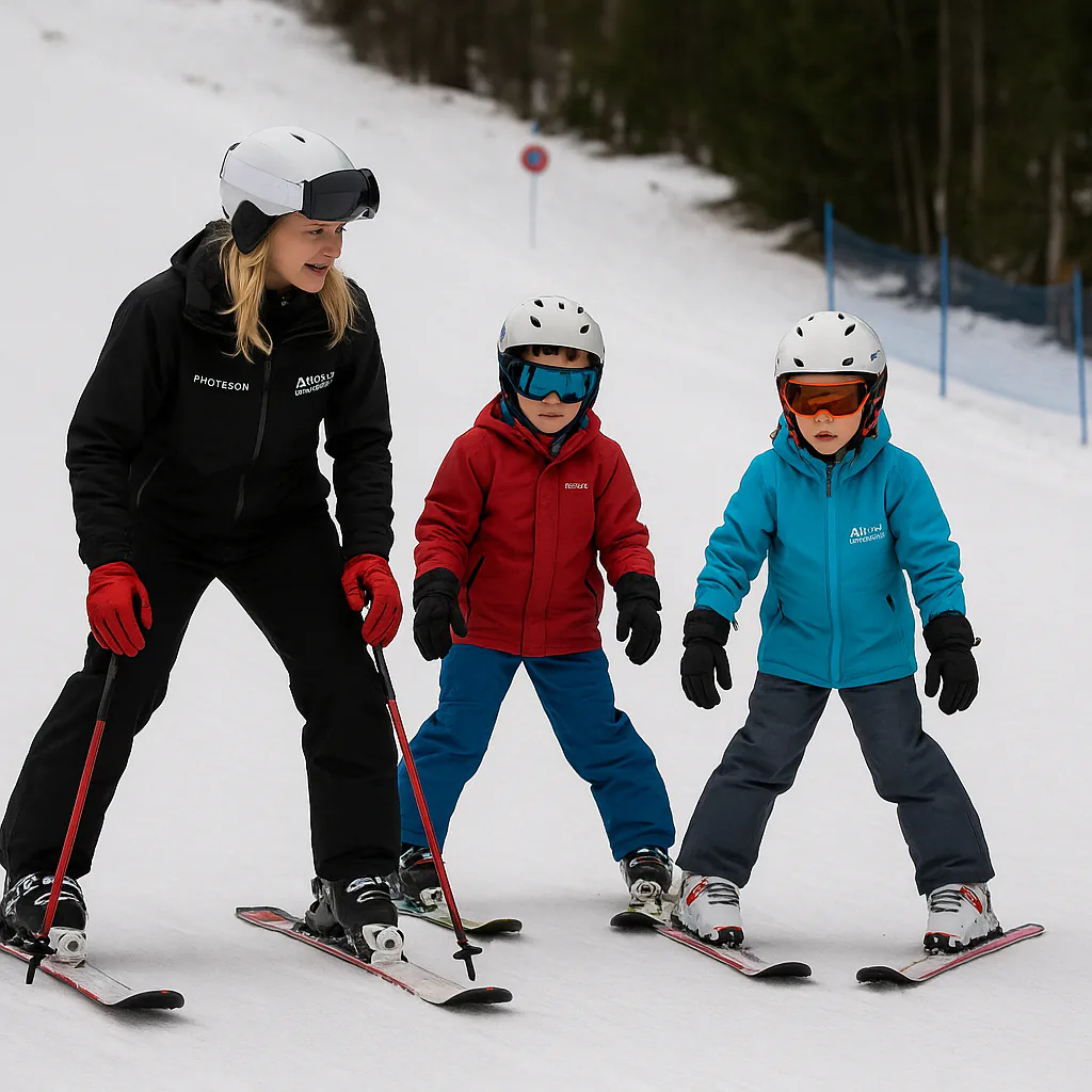 Beginner practicing wedge turns with instructor in Baqueira.