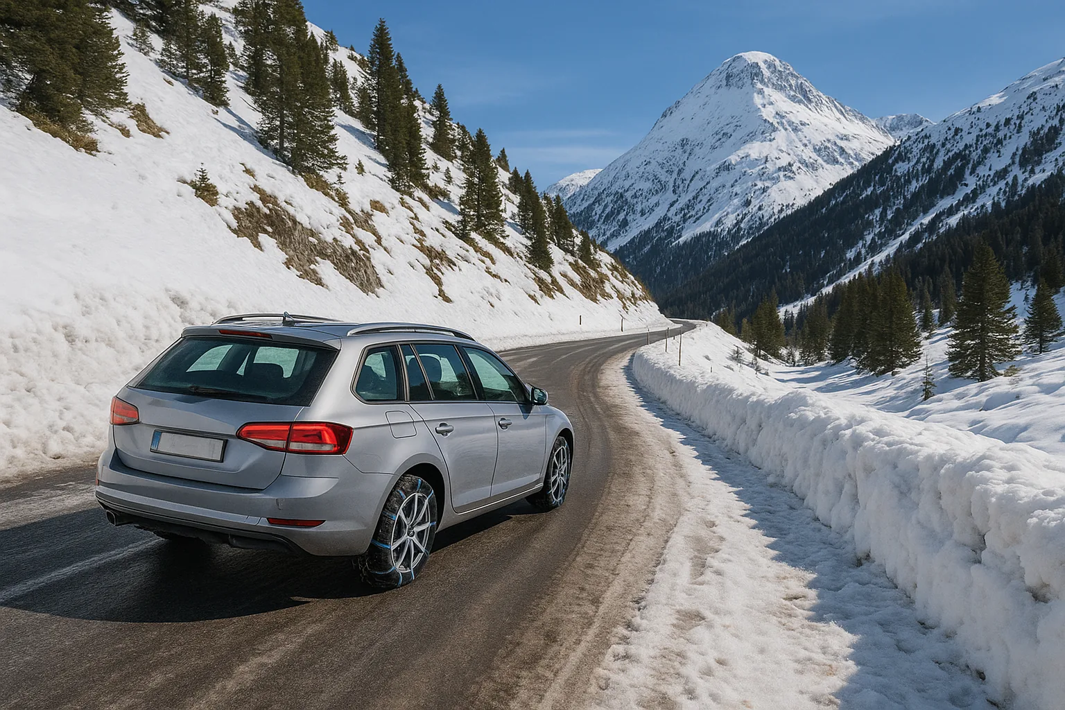 Car with chains climbing Bonaigua Pass, access route to Baqueira Beret in winter.