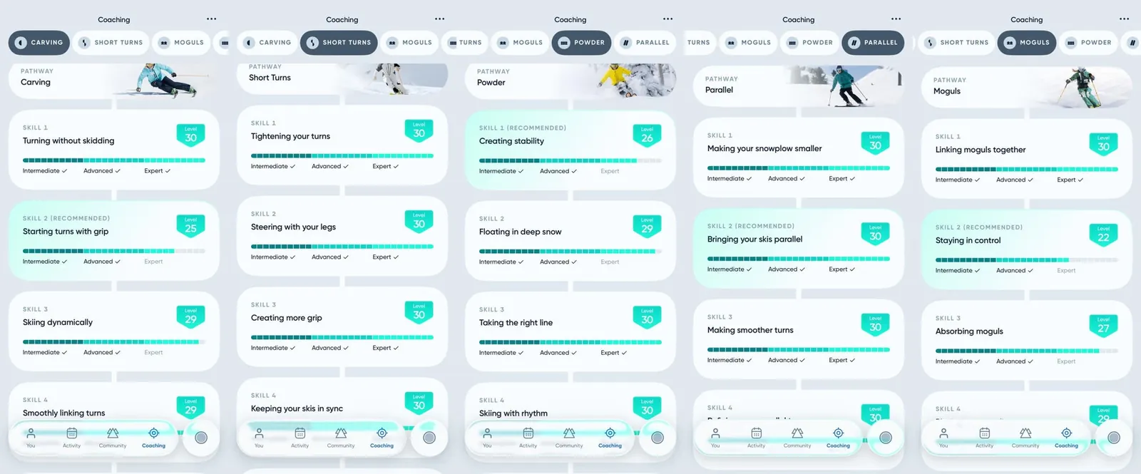 Pantalla de entrenamientos de habilidades de la app Carv con las barras de progreso de cada reto técnico