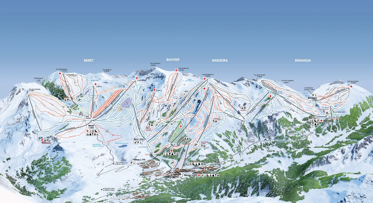 Plan des pistes des secteurs Baqueira, Beret, Bonaigua et Baciver — Alpine Ski Academy