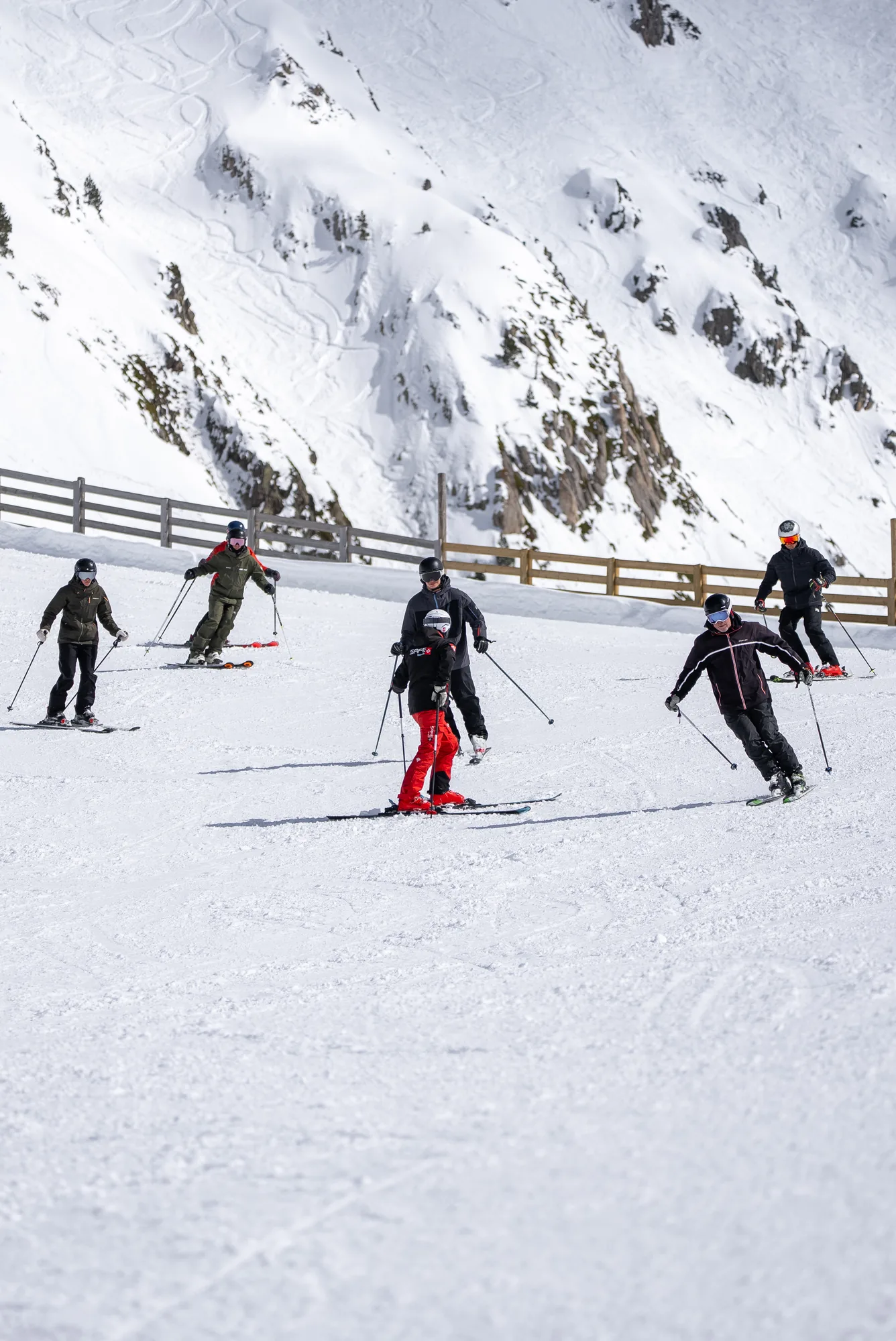 Trainee ski instructors following their trainer during the specific block in Baqueira Beret — Alpine Ski Academy