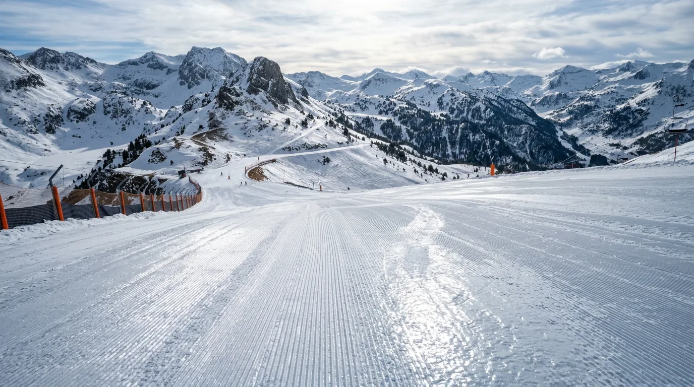 Pista recién pisada con placas de hielo brillantes en Baqueira Beret, cuando el parte de nieve no coincide con la nieve real — Alpine Ski Academy