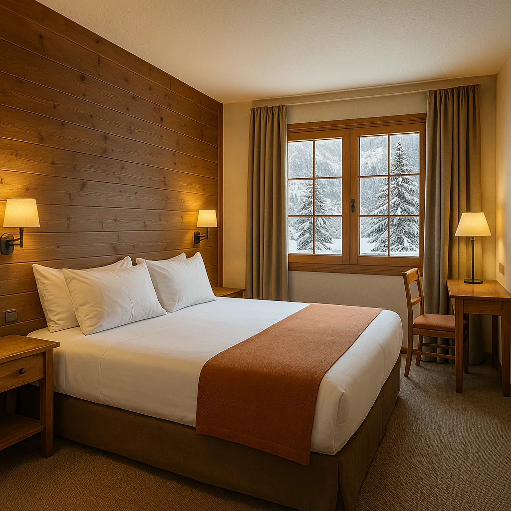 Habitació acollidora en hotel familiar de la Vall d'Aran amb vistes a la neu.