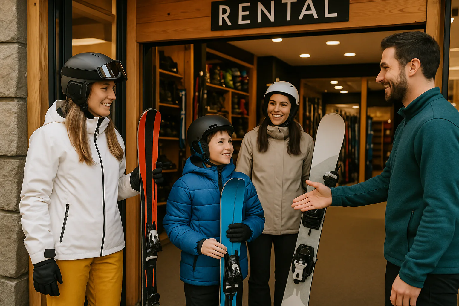 Familia con esquís y tablas de snowboard saliendo de tienda de alquiler en Baqueira