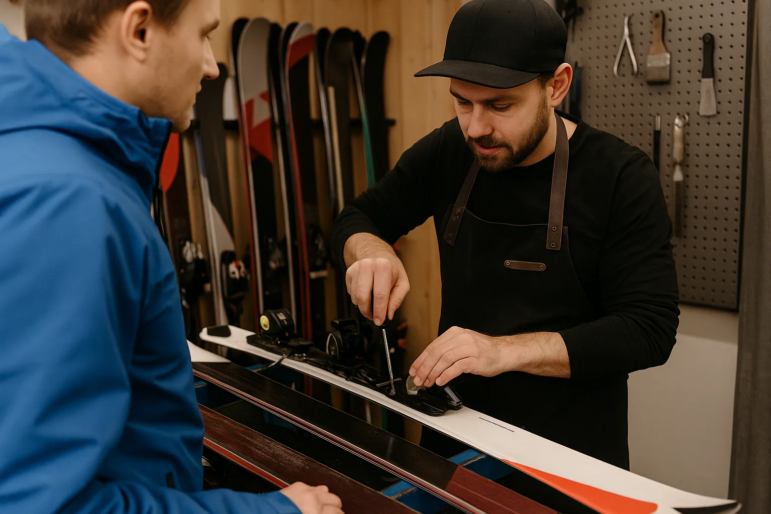 Technician adjusting ski bindings in Baqueira workshop.