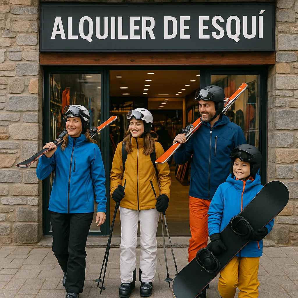 Facade of ski rental shop in Baqueira Ruda with skiers entering.