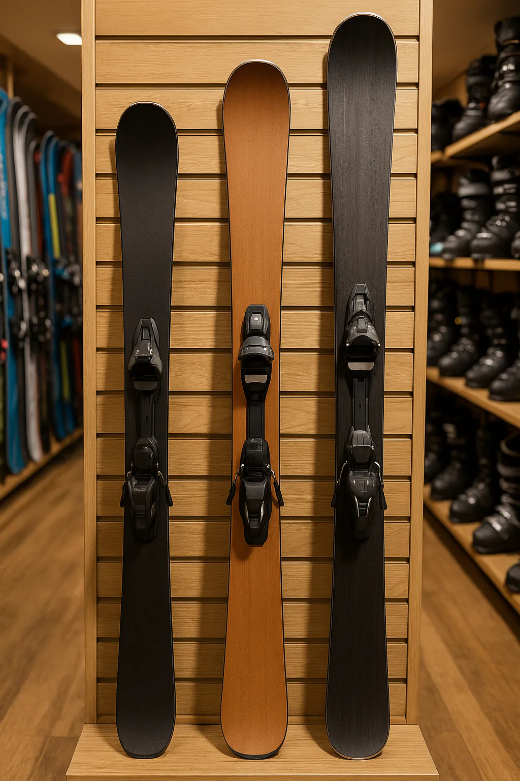 Esquís de diferentes niveles en tienda de Baqueira: debutante, intermedio y experto
