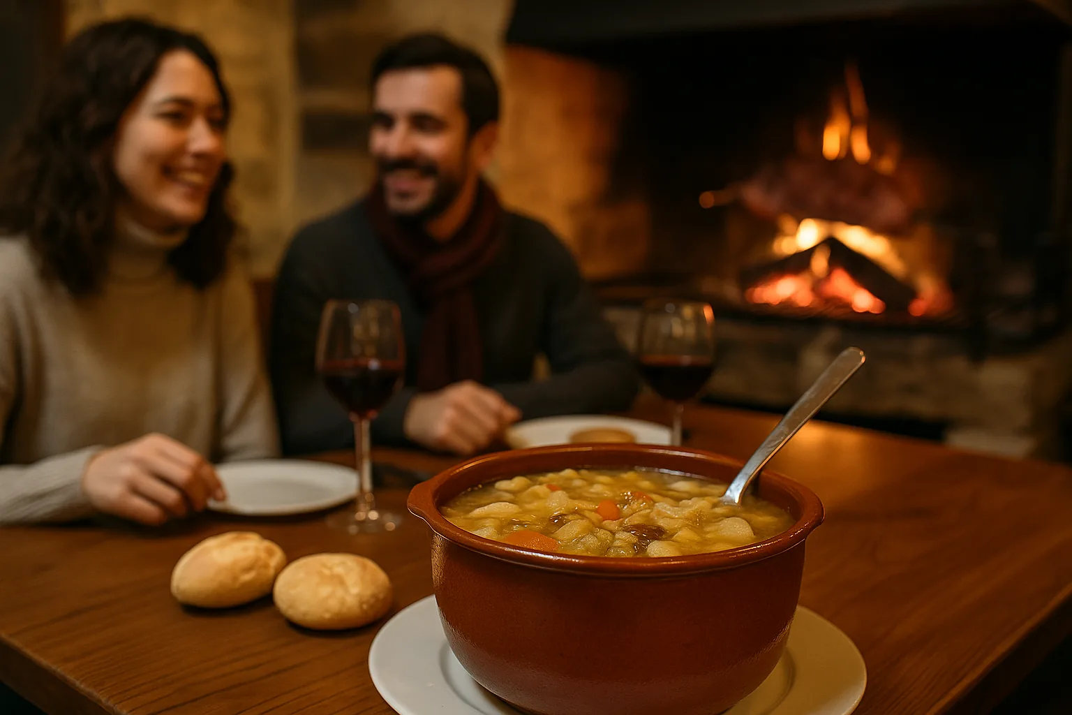 Dish of Olla Aranesa served on rustic table in the Aran Valley.